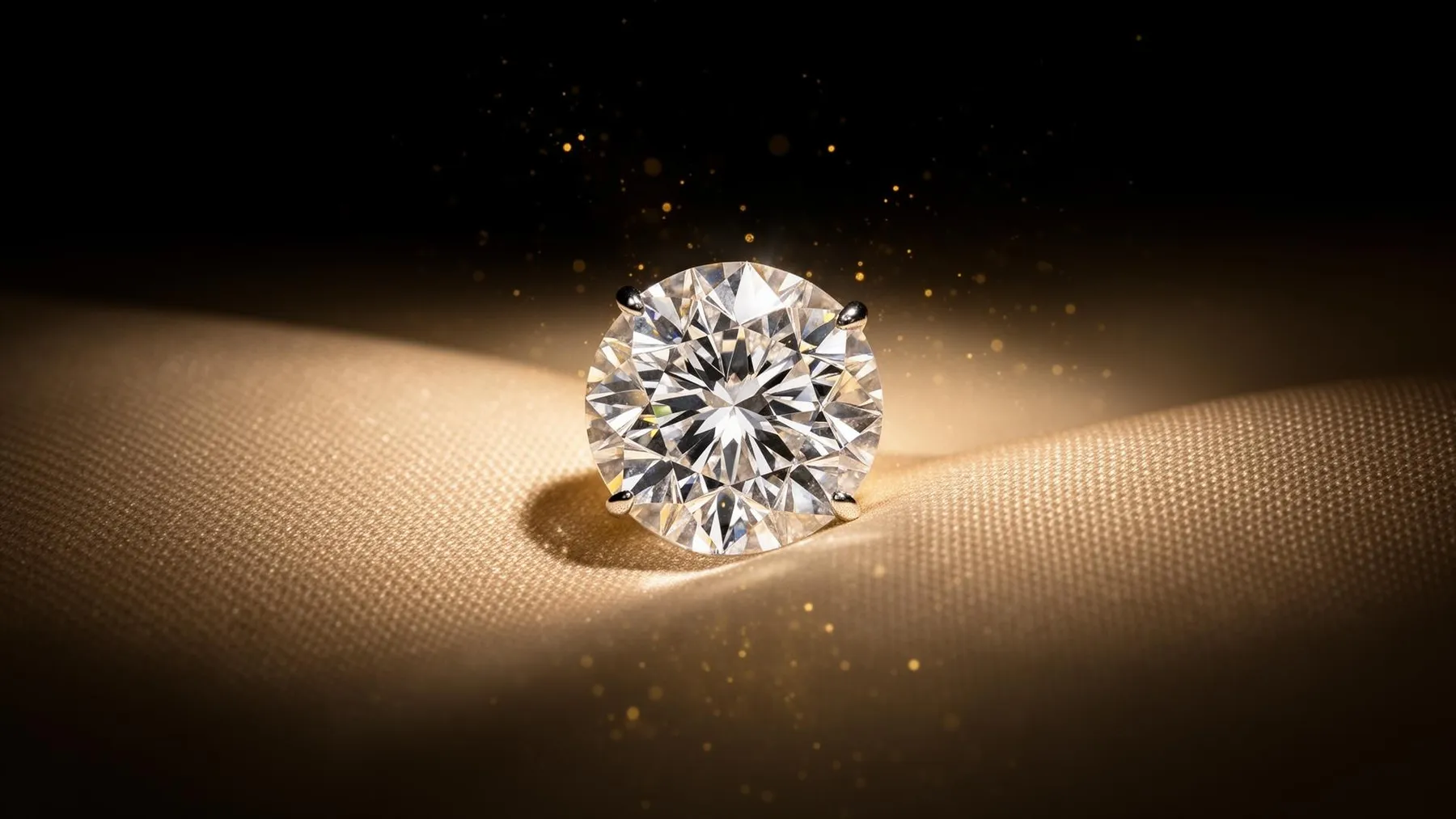 A brilliant cut diamond resting on champagne silk