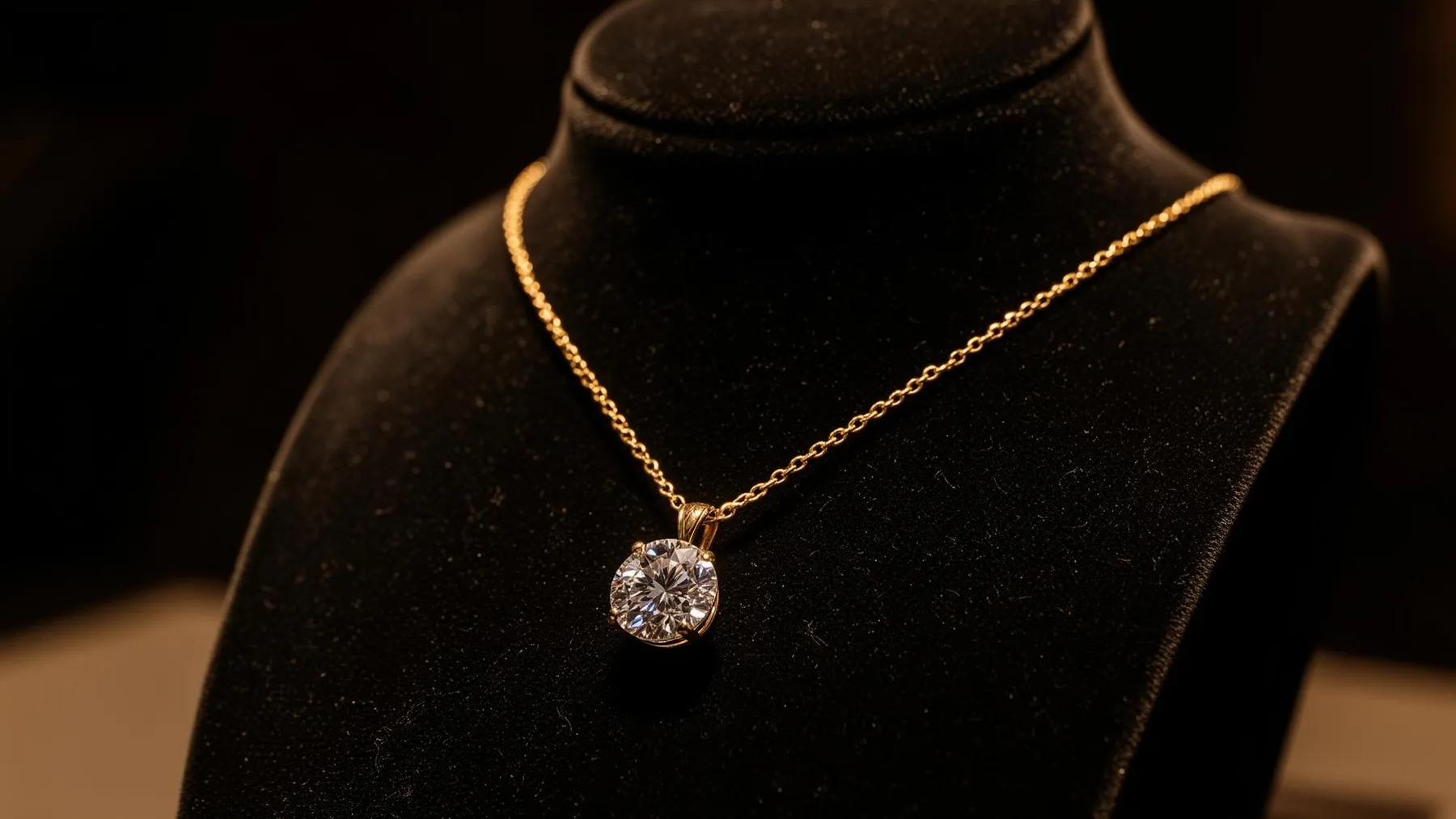 A gold chain with solitaire diamond pendant on dark velvet